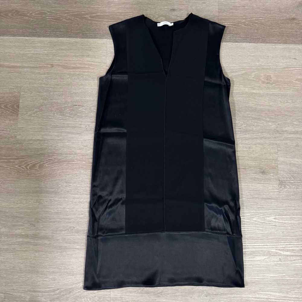 Vince Shift Dress Women S Black Satin Mixed Media V-Neck V2976-50561